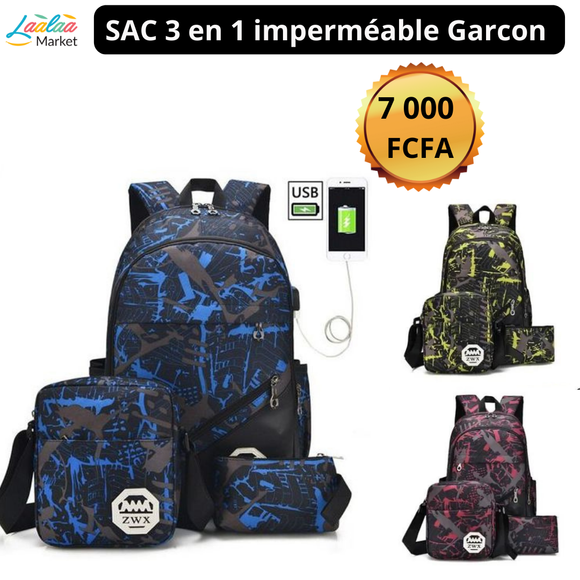 Fashion Sac à Dos élégant, Sac à Bandoulière, Pochette 3 Pièces Avec Port USB